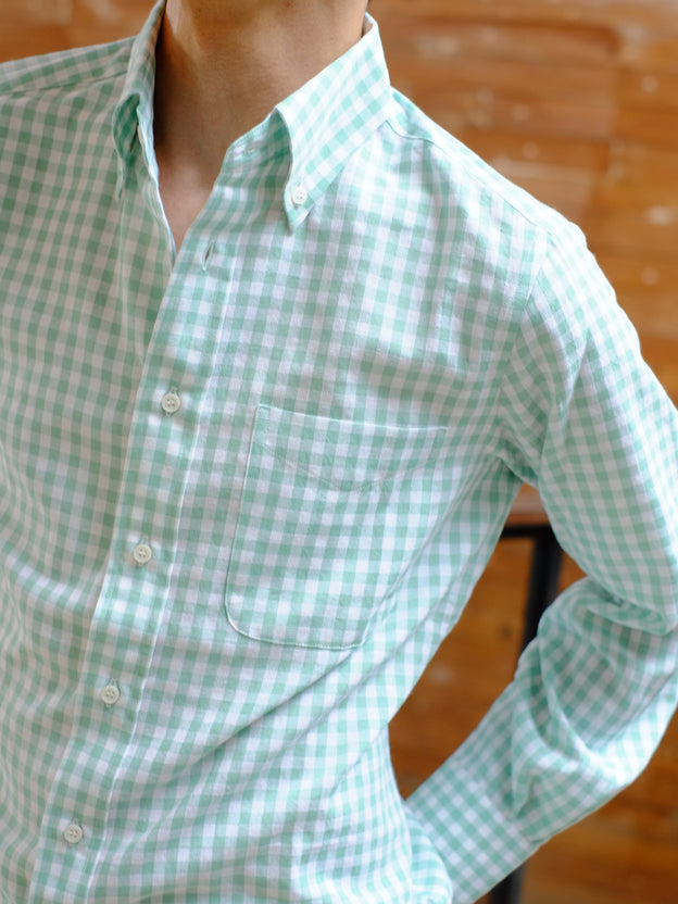 Open Quarter Button Down Shirt - Green Gingham