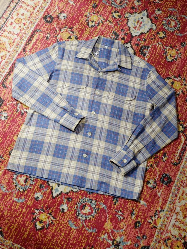 Loop Collar Flannel Overshirt - Blue Beige Check